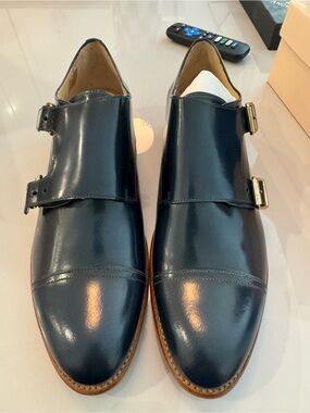 Navy Blue Double Monk Strap Leather Dress Shoes - 42, Office of Angela Scott